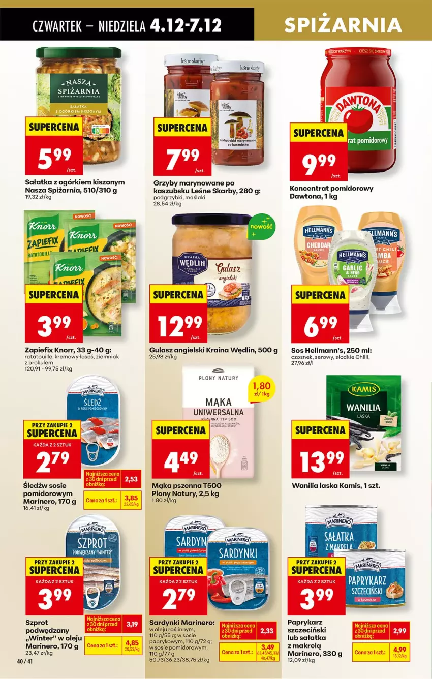 Gazetka promocyjna Biedronka - Od Czwartku - ważna 04.12 do 10.12.2025 - strona 48 - produkty: Czosnek, Dawtona, Grzyby, Grzyby marynowane, Kamis, Knorr, Koncentrat pomidorowy, Mąka, Mąka pszenna, Makrelą, Olej, Papryka, Paprykarz, Podgrzybki, Sałat, Sałatka, Sardynki, Ser, Sos, Szprot