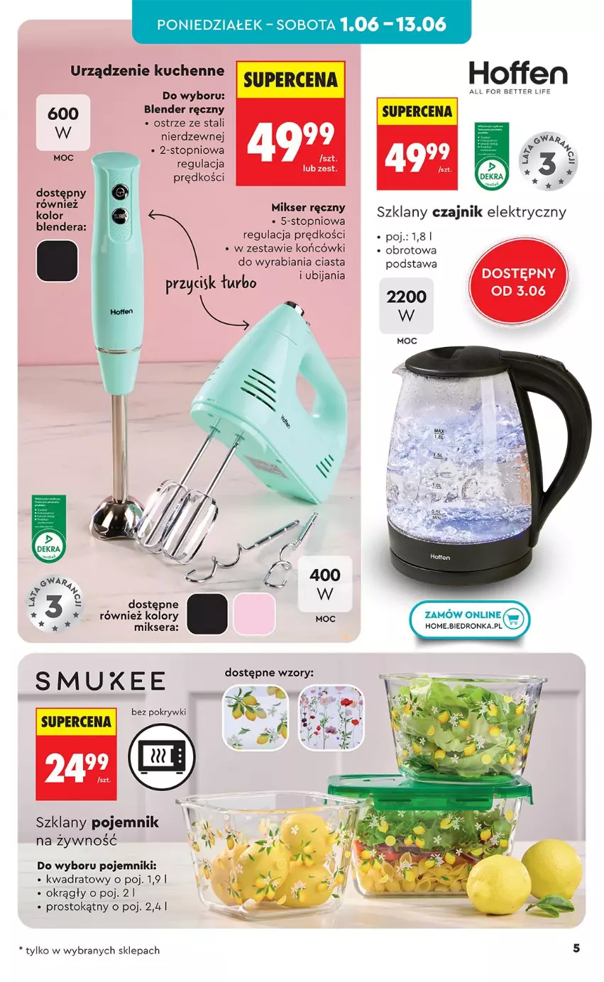 Gazetka promocyjna Biedronka - Okazje Tygodnia - ważna 30.05 do 13.06.2026 - strona 5 - produkty: Blender, Blender ręczny, Czajnik, Czajnik elektryczny, Mikser, Pojemnik, Ser, Top