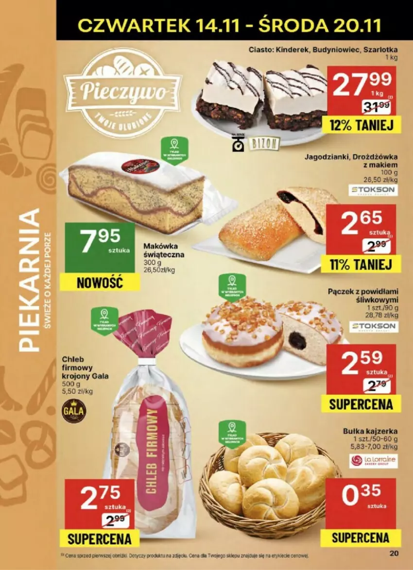 Gazetka promocyjna Delikatesy Centrum - ważna 14.11 do 20.11.2024 - strona 13 - produkty: Bułka, Chleb, Gala, Kajzerka, Kinder, Pączek, Szarlotka