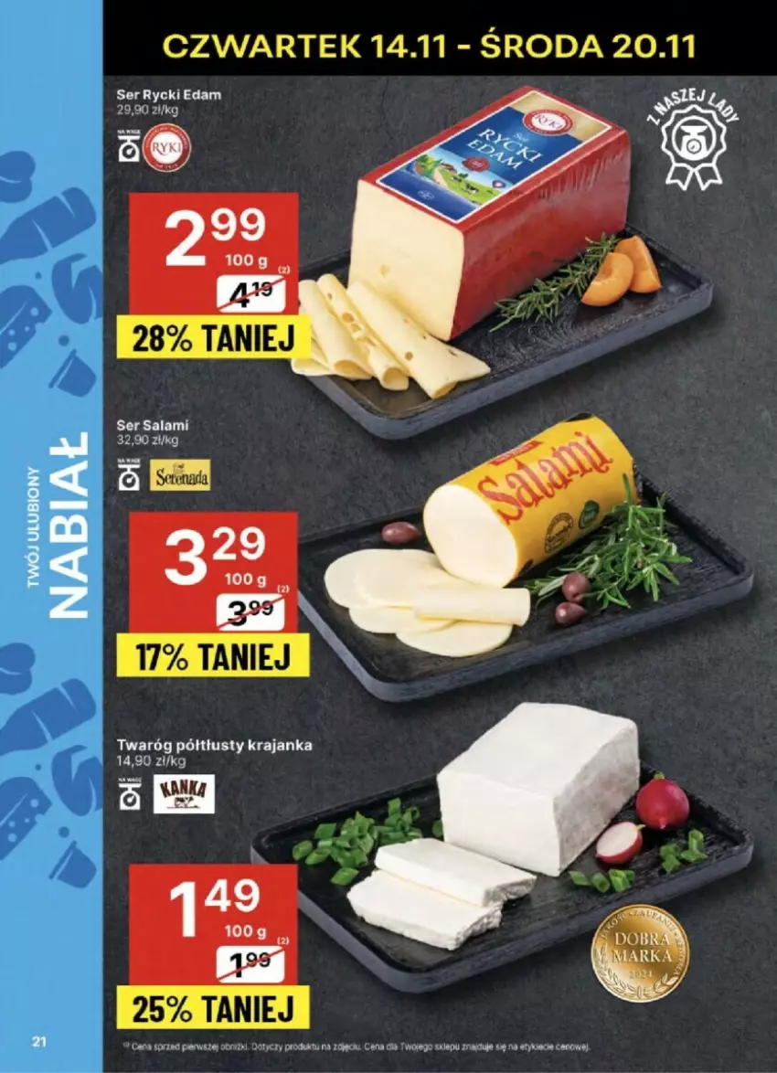 Gazetka promocyjna Delikatesy Centrum - ważna 14.11 do 20.11.2024 - strona 14 - produkty: Edam, Rycki Edam, Salami, Ser, Ser salami, Twaróg, Twaróg półtłusty