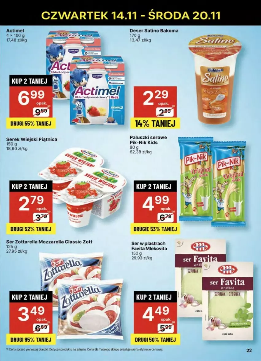 Gazetka promocyjna Delikatesy Centrum - ważna 14.11 do 20.11.2024 - strona 15 - produkty: Actimel, Bakoma, Deser, Fa, Favita, Mozzarella, Piątnica, Sati, Ser, Zott, Zottarella