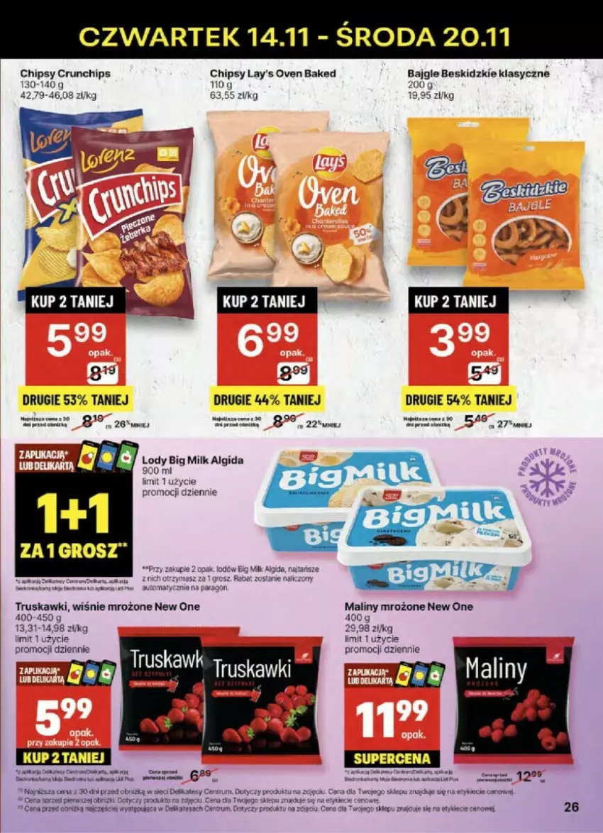 Gazetka promocyjna Delikatesy Centrum - ważna 14.11 do 20.11.2024 - strona 19 - produkty: Algida, Bajgle, Beskidzki, Big Milk, Chipsy, Crunchips, LG, Maliny, Rum, Truskawki