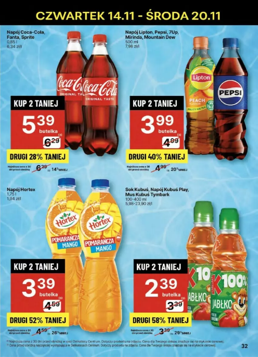 Gazetka promocyjna Delikatesy Centrum - ważna 14.11 do 20.11.2024 - strona 26 - produkty: 7up, Coca-Cola, Fa, Fanta, Hortex, Kubuś, Lipton, Mirinda, Mus, Napój, Pepsi, Rum, Sok, Sprite, Tymbark