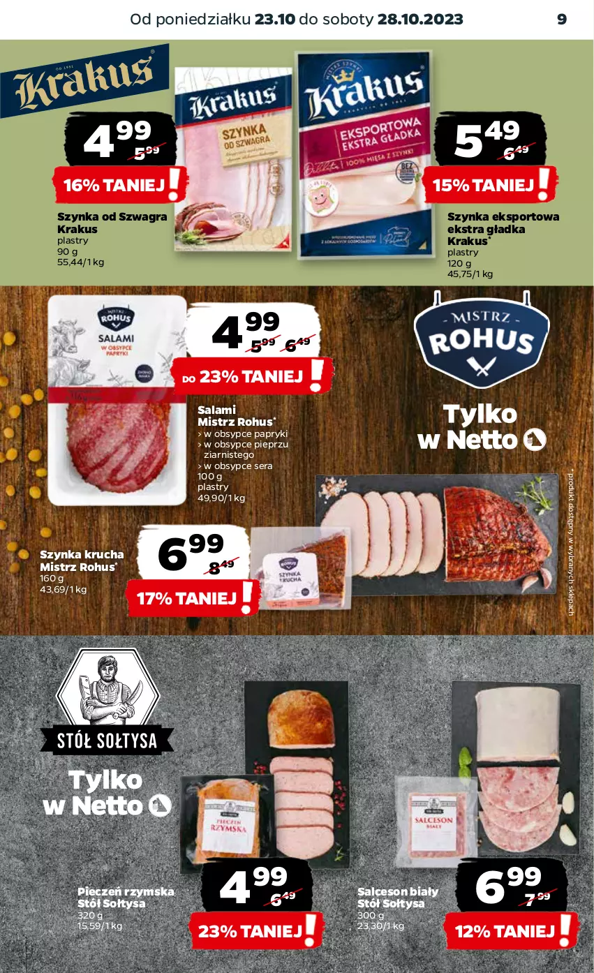 Gazetka promocyjna Netto - Akcesoria i dodatki - ważna 26.10 do 01.11.2023 - strona 9 - produkty: Gra, Krakus, Piec, Pieczeń rzymska, Pieprz, Por, Salami, Salceson, Ser, Sport, Stół, Szynka