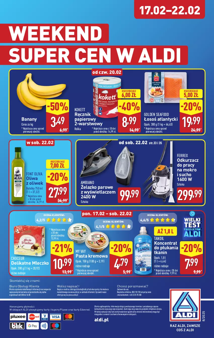 Gazetka promocyjna Aldi - Pełna oferta - ważna 17.02 do 22.02.2025 - strona 36 - produkty: Banany, Biuro, Golden Seafood, Mleczko, O nas, Odkurzacz, Oliwa, Oliwa z oliwek, Papier, Por, Ręcznik