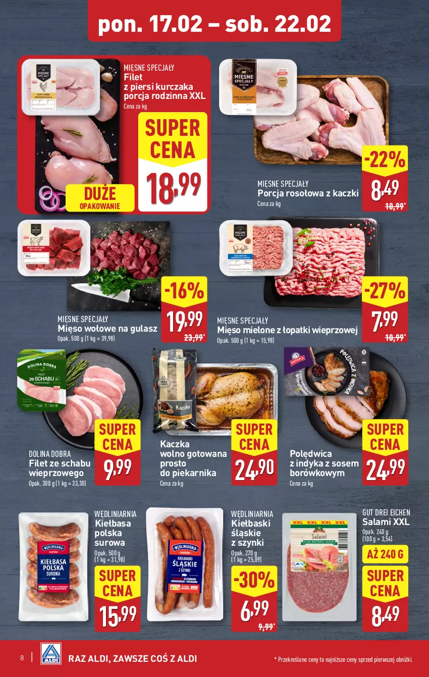 Gazetka promocyjna Aldi - Pełna oferta - ważna 17.02 do 22.02.2025 - strona 8 - produkty: Filet z piersi kurczaka, Kaczka, Kiełbasa, Kiełbaski śląskie, Kurczak, Mięsne specjały, Mięso, Mięso mielone, Mięso mielone z łopatki wieprzowej, Mięso wołowe, Piekarnik, Polędwica, Por, Salami, Sos