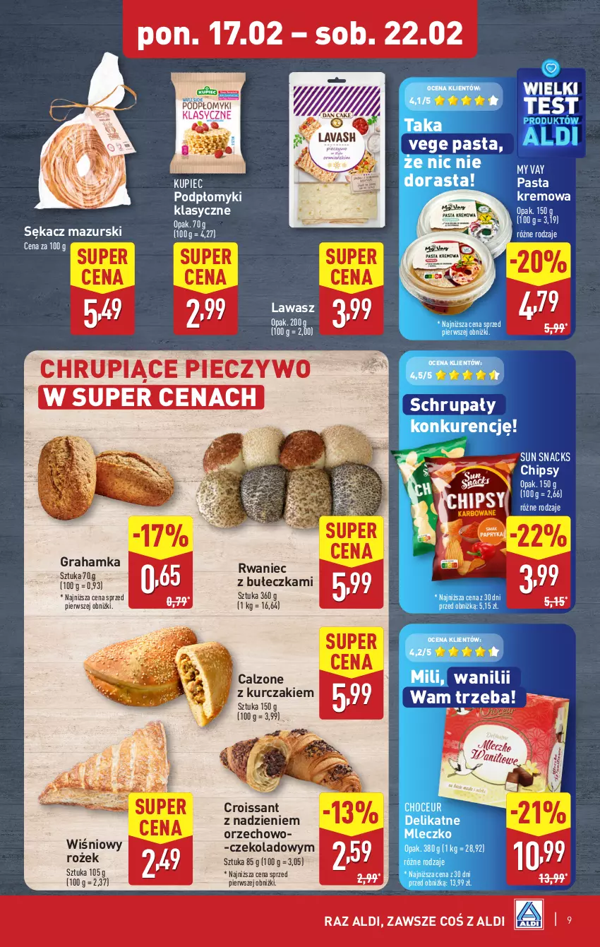 Gazetka promocyjna Aldi - Pełna oferta - ważna 17.02 do 22.02.2025 - strona 9 - produkty: Ba!, Chipsy, Croissant, Gra, Kupiec, Kurczak, Mleczko, Piec, Pieczywo, Sękacz