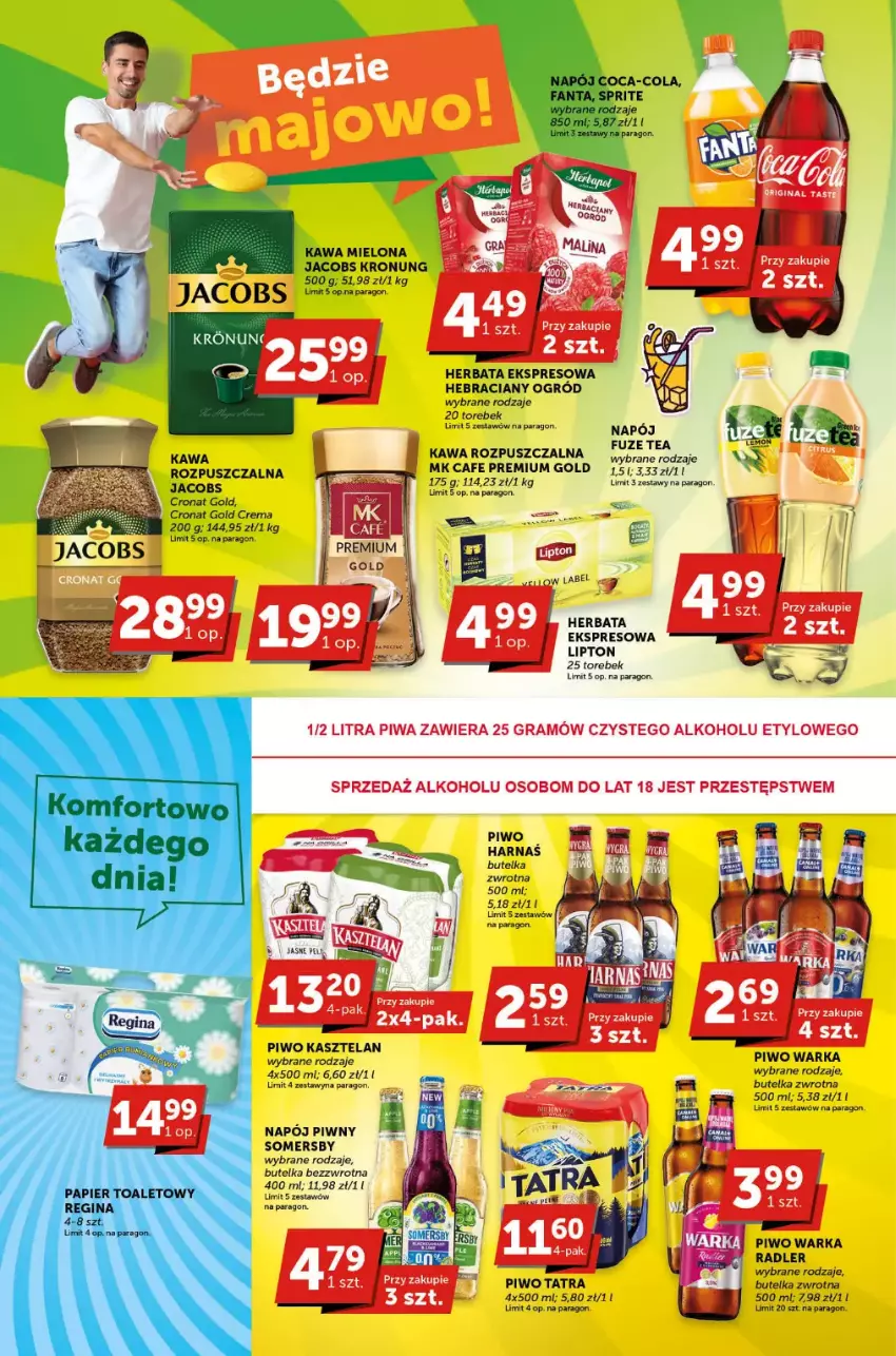 Gazetka promocyjna ABC - ważna 04.05 do 16.05.2023 - strona 4 - produkty: Coca-Cola, Fa, Fanta, Gin, Gra, Herbata, Jacobs, Kasztelan, Kawa, Kawa mielona, Kawa rozpuszczalna, Lipton, Napój, Papier, Papier toaletowy, Piwa, Piwo, Radler, Somersby, Sprite, Tatra, Warka