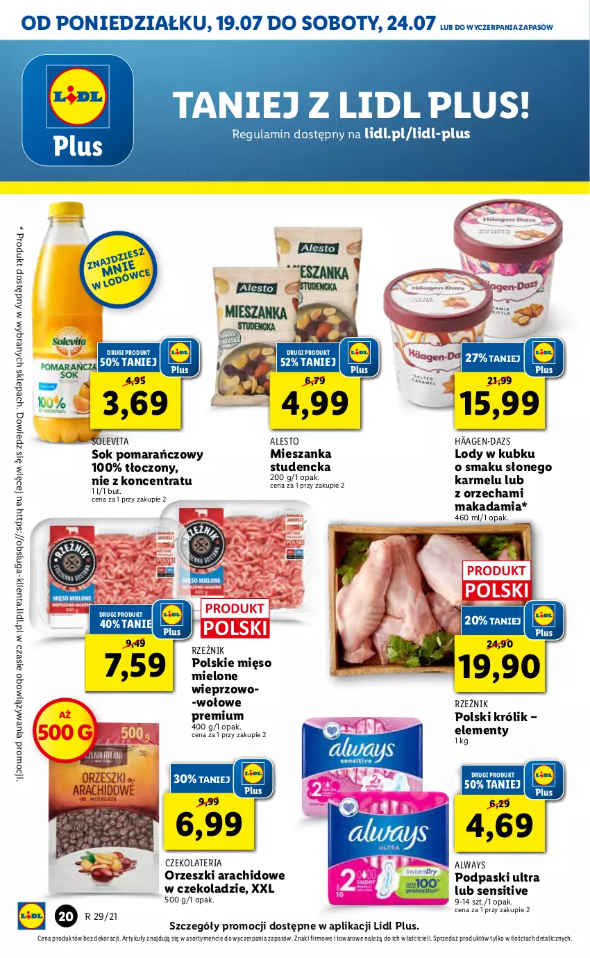 Gazetka promocyjna Lidl - GAZETKA - ważna 19.07 do 21.07.2021 - strona 20 - produkty: Always, Gra, Królik, Lody, Mięso, Mięso mielone, Mieszanka studencka, Orzeszki, Podpaski, Rama, Sok, Sok pomarańczowy