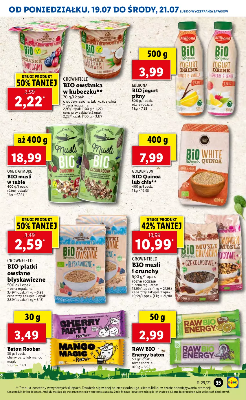 Gazetka promocyjna Lidl - GAZETKA - ważna 19.07 do 21.07.2021 - strona 35 - produkty: Baton, Chia, Jogurt, Jogurt pitny, Kokos, Mango, Mus, Owoce, Owsianka, Płatki owsiane, Quinoa