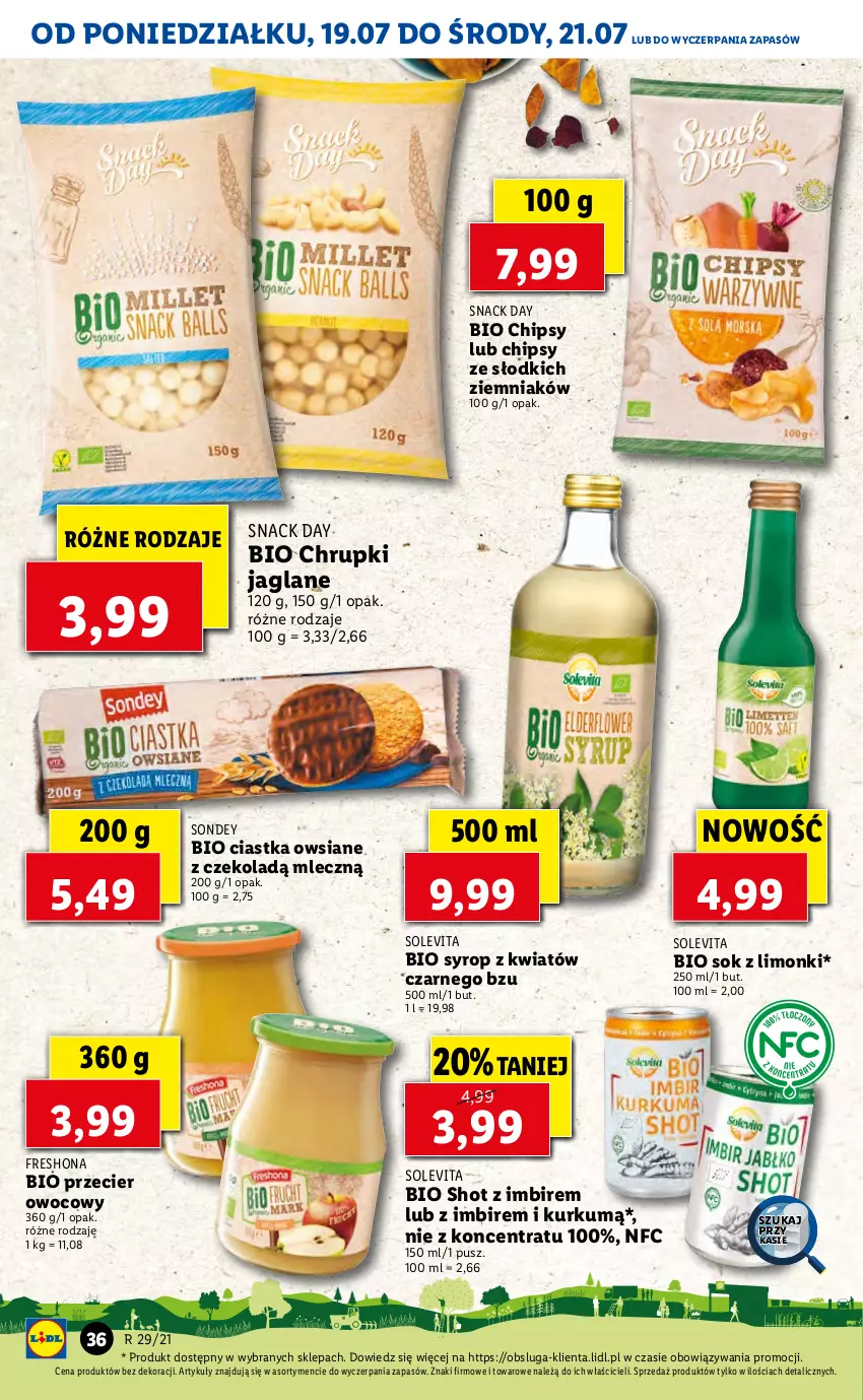 Gazetka promocyjna Lidl - GAZETKA - ważna 19.07 do 21.07.2021 - strona 36 - produkty: Chipsy, Chrupki, Ciastka, Ciastka owsiane, Imbir, Sok, Syrop