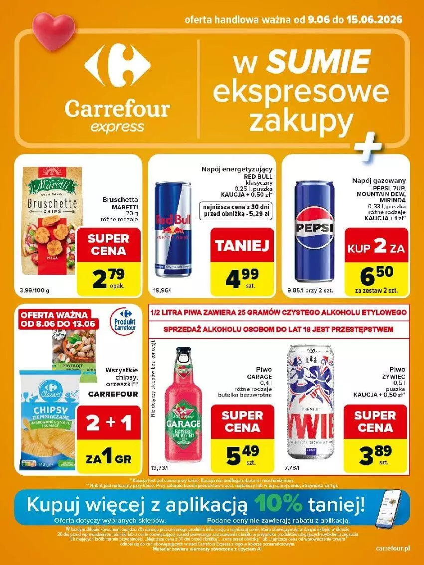 Gazetka promocyjna Carrefour - Gazetka Express w SUMIE ekspresowe zakupy - ważna 09.06 do 15.06.2026 - strona 1 - produkty: Chipsy, Fa, Mirinda, Napój, Napój gazowany, Pepsi, Piwa, Piwo, Red Bull