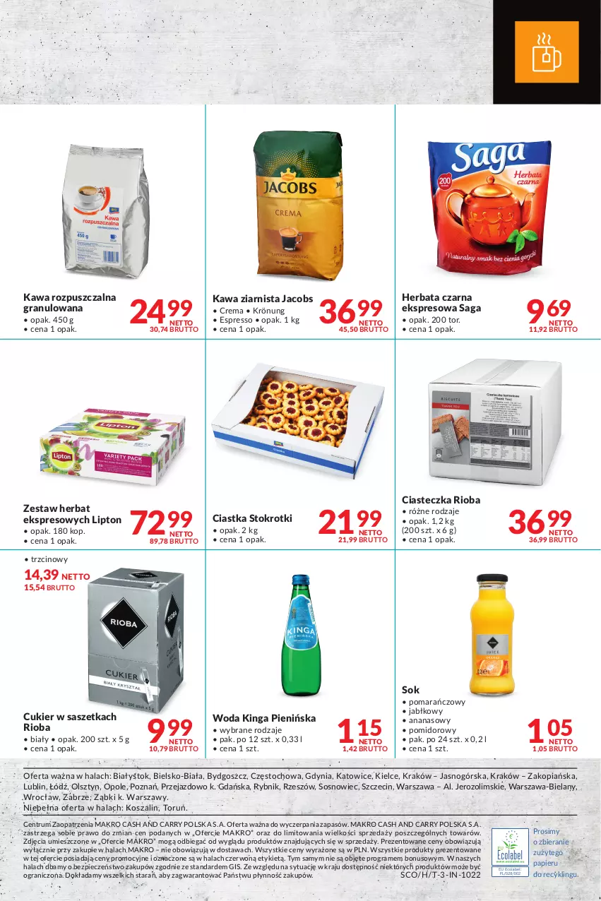 Gazetka promocyjna Makro - [Oferta specjalna] Biuro - ważna 04.05 do 16.05.2022 - strona 12 - produkty: Ananas, Ciastka, Cukier, Gra, Herbata, Herbata czarna, Jacobs, Kawa, Kawa rozpuszczalna, Kawa ziarnista, Kosz, Lipton, Papier, Piec, Rioba, Rum, Saga, Sok, Sos, Szal, Woda