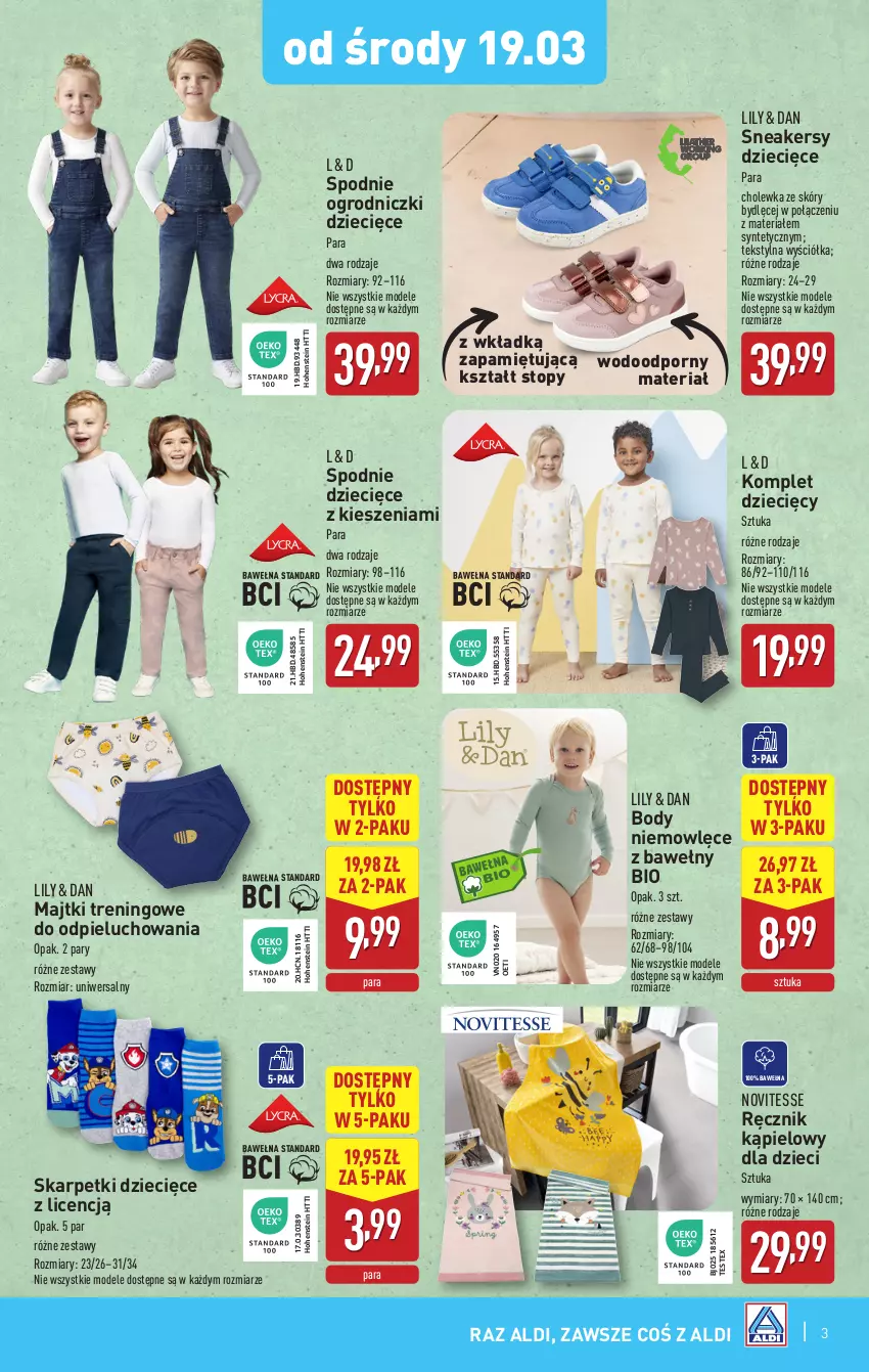 Gazetka promocyjna Aldi - Artykuły przemysłowe i tekstylia - ważna 19.03 do 22.03.2025 - strona 3 - produkty: Body, Dzieci, Karp, Majtki, Por, Ręcznik, Ręcznik kąpielowy, Skarpetki, Sneakersy, Spodnie, Top, Wełna