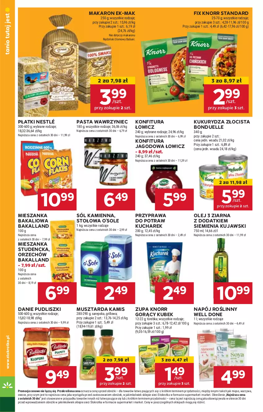 Gazetka promocyjna Stokrotka - Market - ważna 08.08 do 12.08.2024 - strona 12 - produkty: Bakalland, Bonduelle, HP, Kamis, Knorr, Konfitura, Kubek, Kucharek, Kujawski, Kukurydza, Makaron, Mieszanka bakaliowa, Mieszanka studencka, Mus, Musztarda, Napój, Napój roślinny, Nestlé, Olej, Przyprawa do potraw, Pudliszki, Sól, Zupa