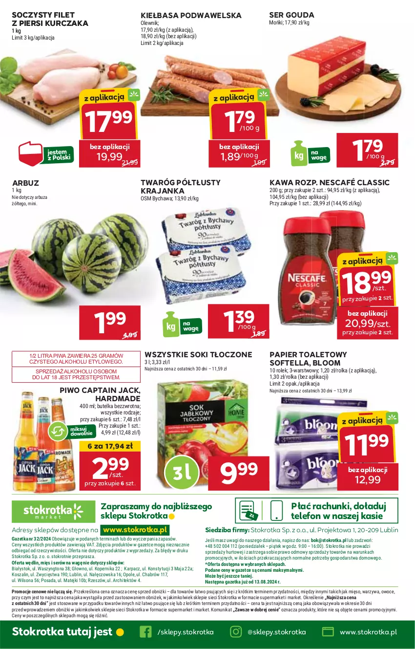 Gazetka promocyjna Stokrotka - Market - ważna 08.08 do 12.08.2024 - strona 26 - produkty: Arbuz, Captain Jack, Dres, Filet z piersi kurczaka, Gouda, Gra, HP, JBL, Kawa, Kiełbasa, Kiełbasa podwawelska, Kurczak, Nescafé, Papier, Papier toaletowy, Piwa, Piwo, Ser, Sok, Telefon, Twaróg, Twaróg półtłusty, Wawel