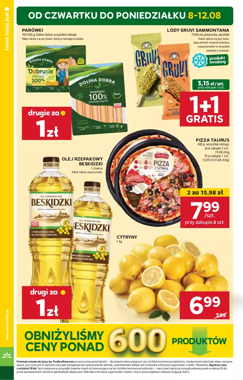 Gazetka promocyjna Stokrotka - Market - ważna 08.08 do 12.08.2024 - strona 4 - produkty: Beskidzki, Cytryny, Gra, HP, Lody, Olej, Olej rzepakowy, Parówki, Pizza