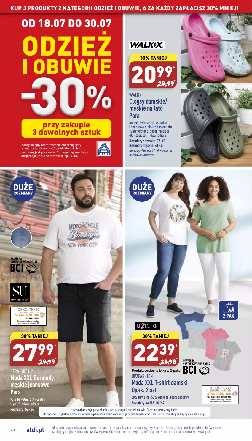 Gazetka promocyjna Aldi - Pełny katalog - ważna 18.07 do 23.07.2022 - strona 28 - produkty: Bermudy, Clogsy, Fa, Gra, Moda, Obuwie, Olej, Pasek, T-shirt, Wełna