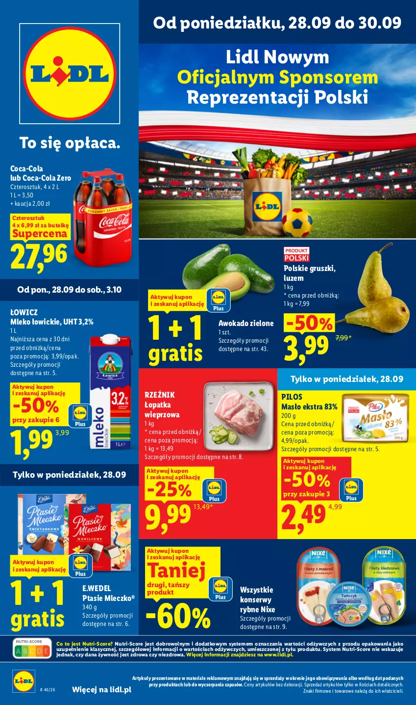 Gazetka promocyjna Lidl - Gazetka ważna od 28.09 do 30.09 - ważna 28.09 do 30.09.2026 - strona 1 - produkty: Coca-Cola, Gra, Gruszki, Masło, Mleczko, Mleko, Pilos, Ptasie mleczko, Ser