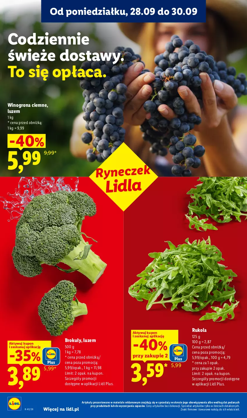 Gazetka promocyjna Lidl - Gazetka ważna od 28.09 do 30.09 - ważna 28.09 do 30.09.2026 - strona 46 - produkty: Brokuły, Rukola, Wino, Winogrona