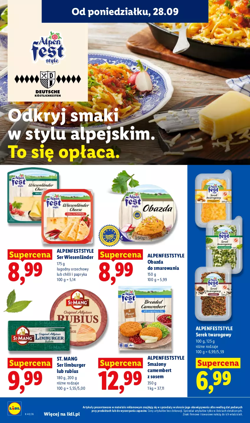 Gazetka promocyjna Lidl - Gazetka ważna od 28.09 do 30.09 - ważna 28.09 do 30.09.2026 - strona 64 - produkty: Burger, Camembert, Limburger, Papryka, Ser, Serek, Serek twarogowy, Sos