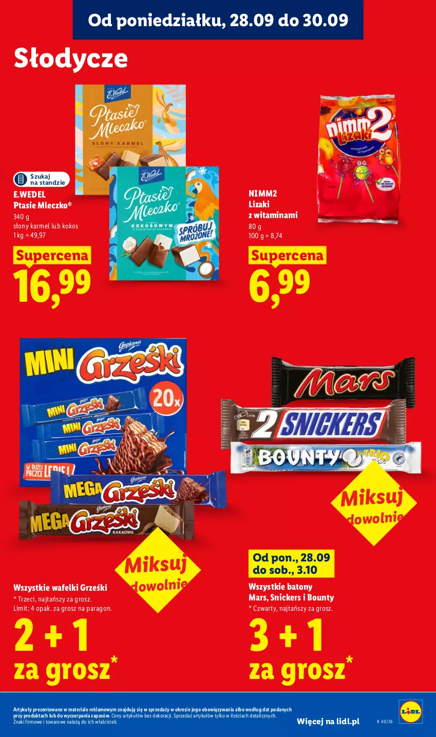 Gazetka promocyjna Lidl - Gazetka ważna od 28.09 do 30.09 - ważna 28.09 do 30.09.2026 - strona 71 - produkty: Baton, Bounty, Grześki, Kokos, Lizaki, Mars, Mleczko, Nimm2, Ptasie mleczko, Snickers