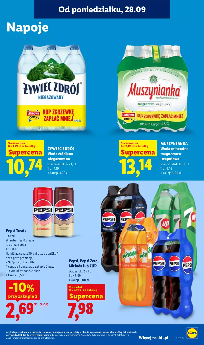 Gazetka promocyjna Lidl - Gazetka ważna od 28.09 do 30.09 - ważna 28.09 do 30.09.2026 - strona 79 - produkty: 7up, LANA, Magnez, Mirinda, Mus, Muszynianka, Napoje, Pepsi, Woda, Woda mineralna