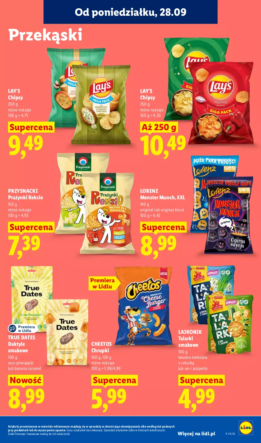 Gazetka promocyjna Lidl - Gazetka ważna od 28.09 do 30.09 - ważna 28.09 do 30.09.2026 - strona 83 - produkty: Cheetos, Chipsy, Chrupki, Daktyle, Gin, Lack, Lajkonik, Lay’s, Lorenz, Monster Munch, Przysnacki, Ser