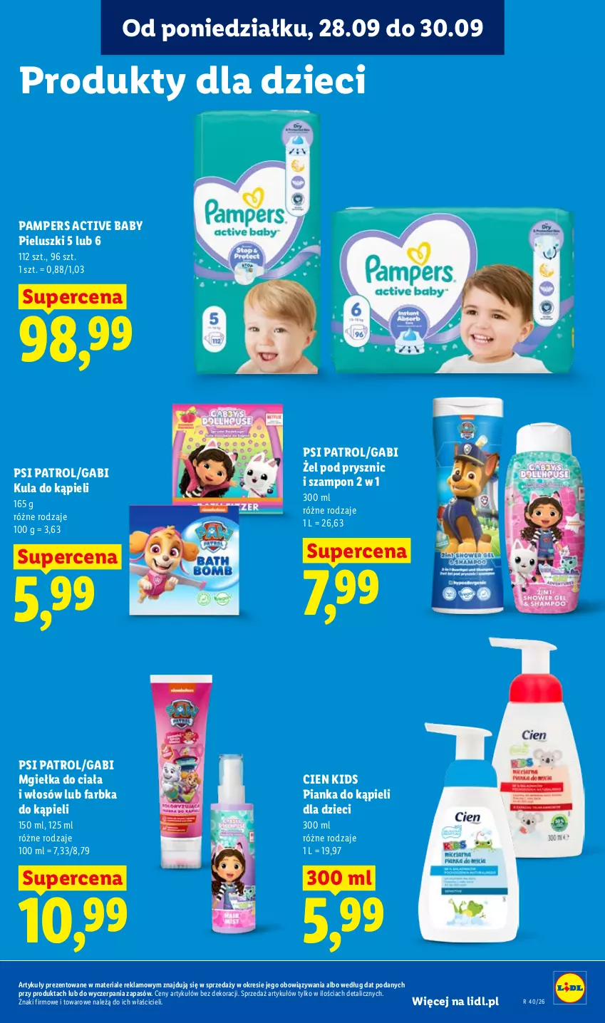 Gazetka promocyjna Lidl - Gazetka ważna od 28.09 do 30.09 - ważna 28.09 do 30.09.2026 - strona 89 - produkty: Dzieci, Fa, Kula do kąpieli, Pampers, Psi Patrol, Szampon