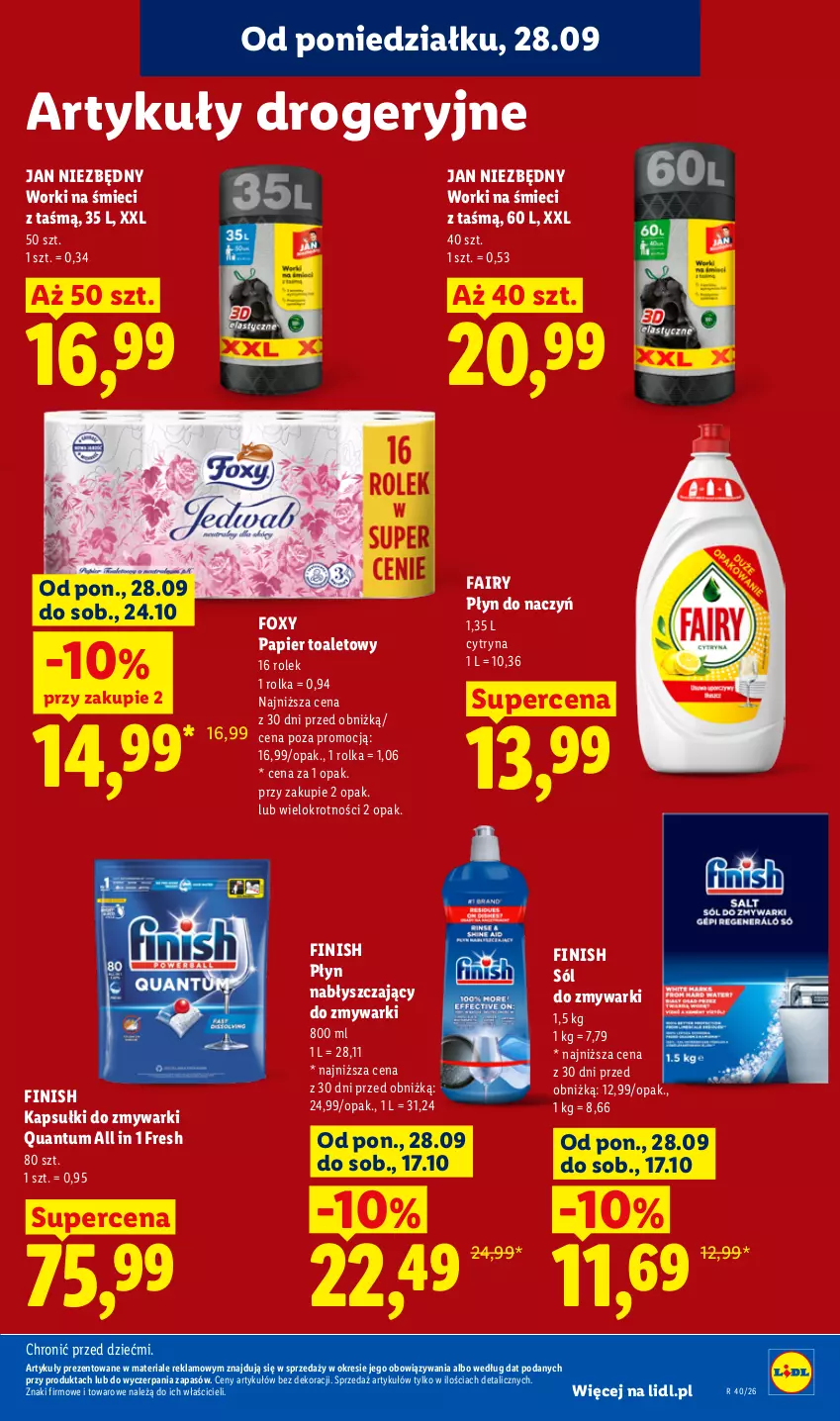 Gazetka promocyjna Lidl - Gazetka ważna od 28.09 do 30.09 - ważna 28.09 do 30.09.2026 - strona 95 - produkty: Fa, Fairy, Finish, Foxy, Jan Niezbędny, Papier, Papier toaletowy, Płyn nabłyszczający, Sól, Worki na śmiec, Worki na śmieci, Zmywarki