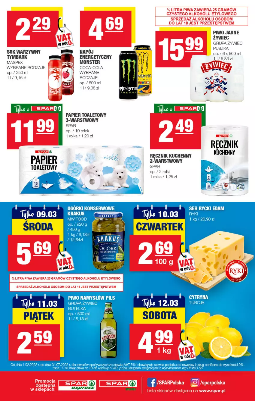 Gazetka promocyjna Spar - SparExpress - ważna 02.03 do 12.03.2022 - strona 4 - produkty: Coca-Cola, Edam, Papier, Papier toaletowy, Piwo, Piwo jasne, Ręcznik, Ręcznik kuchenny, Rolki, Rycki Edam, Ser, Sok, Tymbark