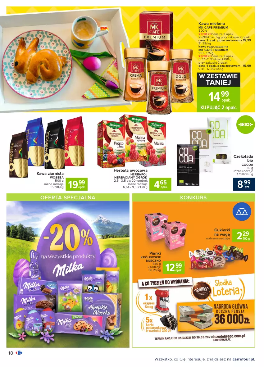 Gazetka promocyjna Carrefour - Gazetka Carrefour - ważna 15.03 do 22.03.2021 - strona 18 - produkty: Cukier, Cukierki, Czekolada, Herbapol, Herbata, Herbata owocowa, Kawa, Kawa mielona, Kawa rozpuszczalna, Kawa ziarnista, Kosz, Królewski, Królewskie Mleczko, Mleczko, Ogród, Woseba