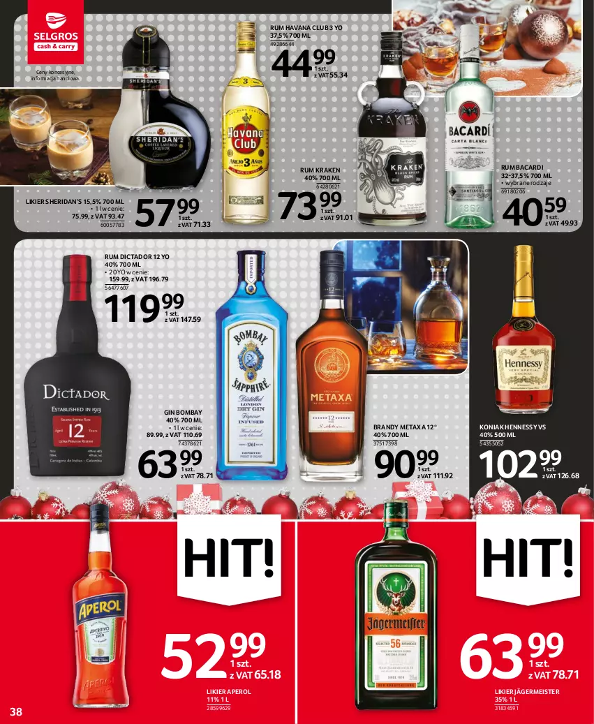 Gazetka promocyjna Selgros - Oferta spożywcza - ważna 01.12 do 14.12.2022 - strona 38 - produkty: Aperol, Bacardi, Brandy, Gin, Likier, Metaxa, Rum