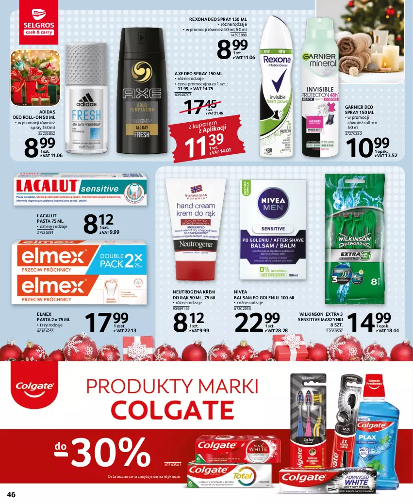 Gazetka promocyjna Selgros - Oferta spożywcza - ważna 01.12 do 14.12.2022 - strona 46 - produkty: Adidas, Balsam po goleniu, Elmex, Garnier, Krem do rąk, Lacalut, Neutrogena, Nivea, Rexona