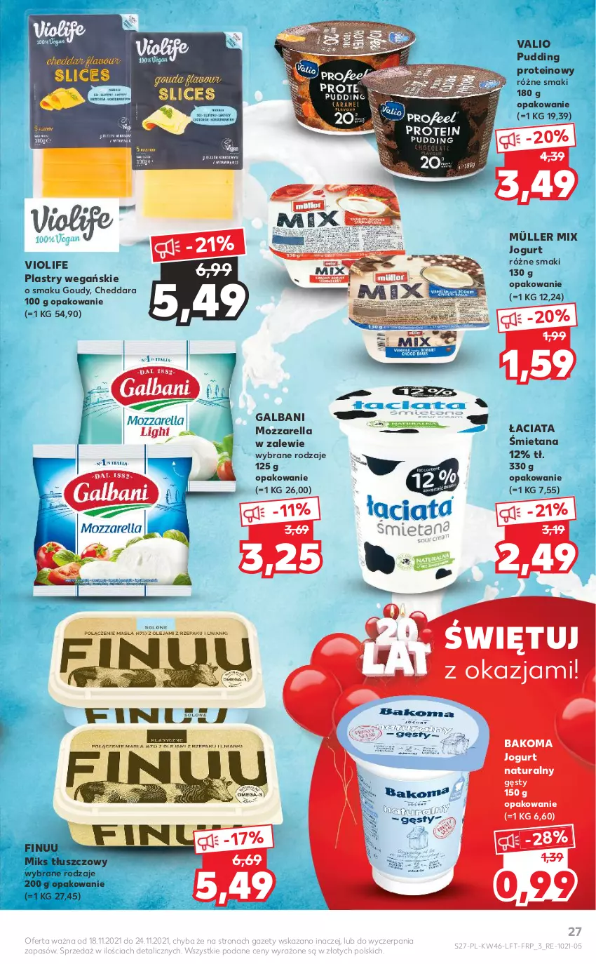 Gazetka promocyjna Kaufland - OFERTA TYGODNIA - ważna 18.11 do 24.11.2021 - strona 27 - produkty: Bakoma, Cheddar, Finuu, Galbani, Jogurt, Jogurt naturalny, Miks tłuszczowy, Mozzarella, Müller, Müller Mix, Pudding