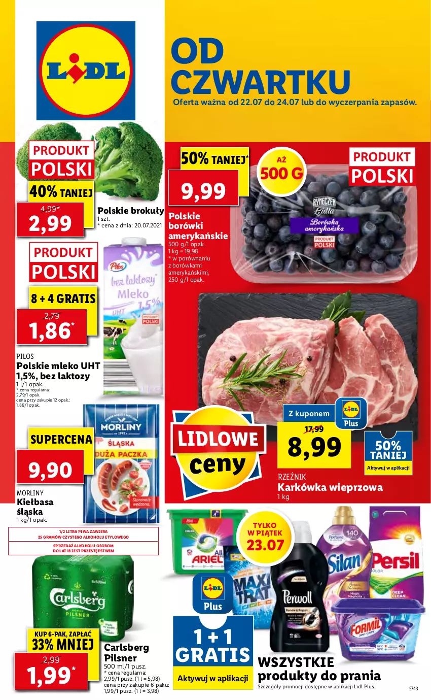 Gazetka promocyjna Lidl - GAZETKA - ważna 22.07 do 24.07.2021 - strona 1 - produkty: Borówka, Brokuły, Carlsberg, Gra, Karkówka wieprzowa, Kiełbasa, Kiełbasa śląska, Mleko, Morliny, Pilos, Piwa, Por