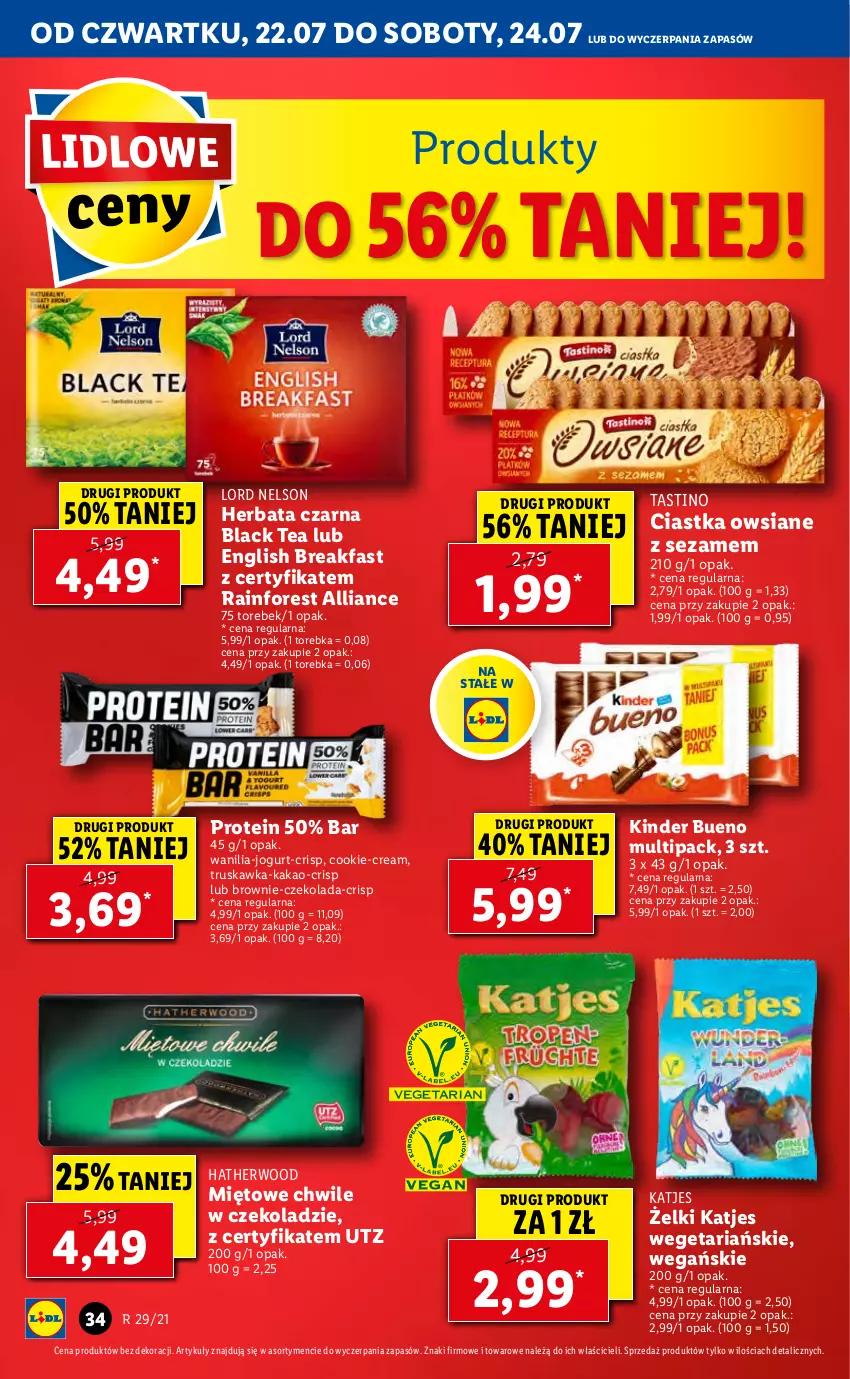 Gazetka promocyjna Lidl - GAZETKA - ważna 22.07 do 24.07.2021 - strona 34 - produkty: Brownie, Ciastka, Ciastka owsiane, Czekolada, Fa, Herbata, Herbata czarna, Jogurt, Kakao, Kinder, Kinder Bueno, Lack, Sezam, Torebka