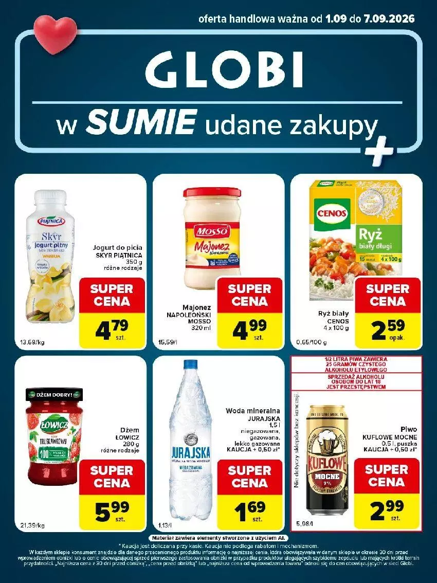 Gazetka promocyjna Carrefour - Gazetka Globi w SUMIE udane zakupy - ważna 01.09 do 07.09.2026 - strona 1 - produkty: Cenos, Jogurt, Majonez, Oleo, Piątnica, Ryż, Ryż biały, Woda, Woda mineralna