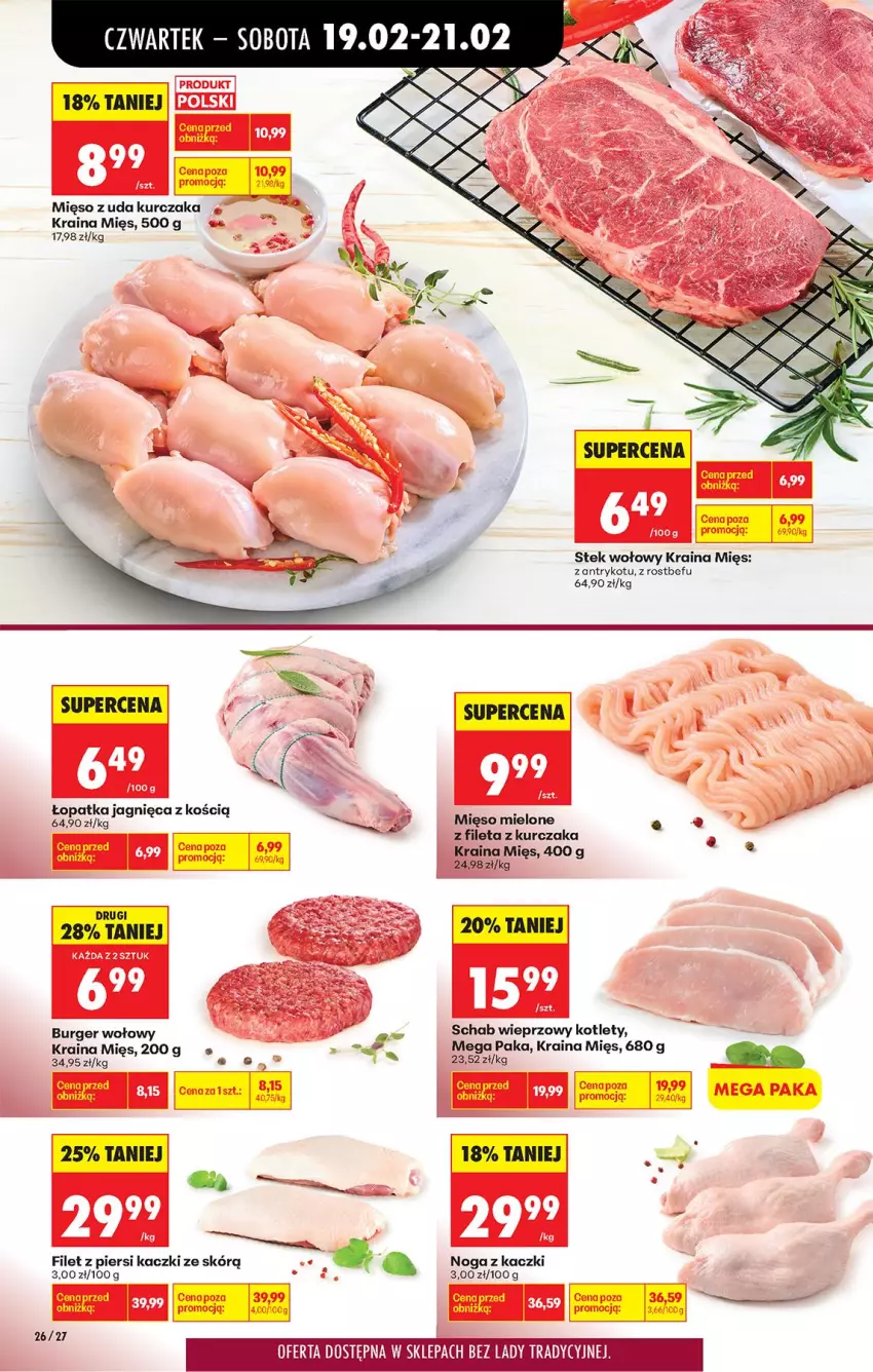 Gazetka promocyjna Biedronka - Od Czwartku - ważna 19.02 do 25.02.2026 - strona 32 - produkty: Burger, Filet z piersi kaczki, Kotlet, Kurczak, Mięso, Mięso mielone, Mięso z uda kurczaka, Noga z kaczki, Rostbef, Schab wieprzowy, Stek, Stek wołowy