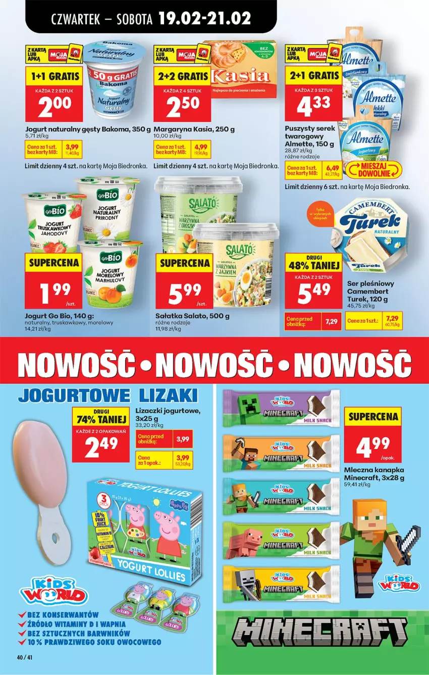 Gazetka promocyjna Biedronka - Od Czwartku - ważna 19.02 do 25.02.2026 - strona 46 - produkty: Almette, Bakoma, Camembert, Fa, Gra, Jogurt, Jogurt naturalny, Kasia, Margaryna, Minecraft, Mleczna kanapka, Piec, Sałat, Sałatka, Ser, Ser pleśniowy, Serek, Sok, Truskawki