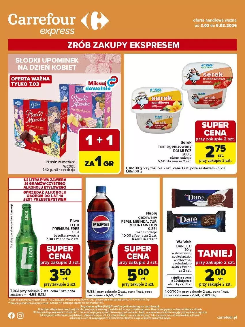 Gazetka promocyjna Carrefour - Gazetka Express - ważna 03.03 do 09.03.2026 - strona 2 - produkty: 7up, Deser, Gra, Mirinda, Napój, Pepsi, Piwa, Piwo, Ser, Serek, Wafelek