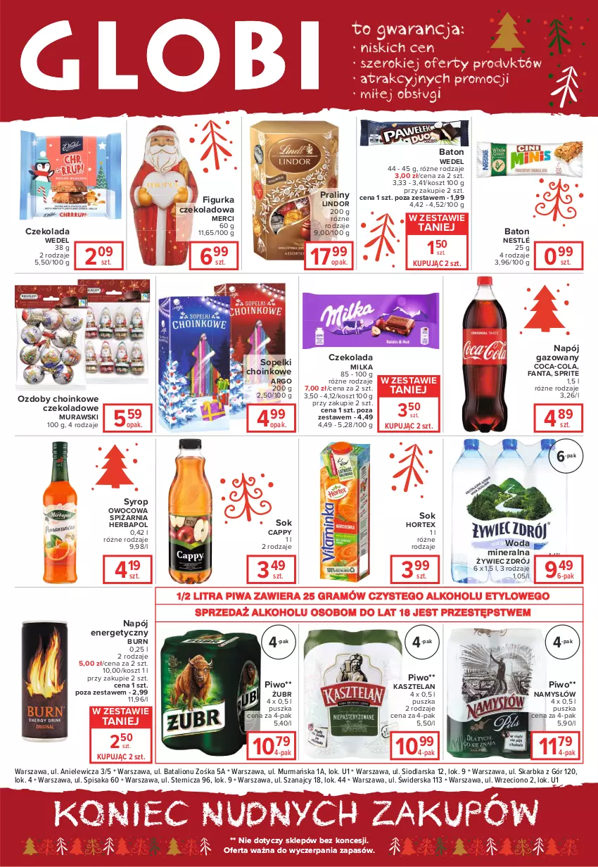 Gazetka promocyjna Carrefour - Gazetka Globi - ważna 14.12 do 20.12.2021 - strona 2 - produkty: Baton, Cappy, Coca-Cola, Czekolada, Fa, Fanta, Gra, Herbapol, Hortex, Kasztelan, Kosz, Lindor, Lion, Merci, Milka, Namysłów, Napój, Napój energetyczny, Napój gazowany, Nestlé, Piwa, Piwo, Praliny, Sok, Sprite, Syrop, Woda, Woda mineralna