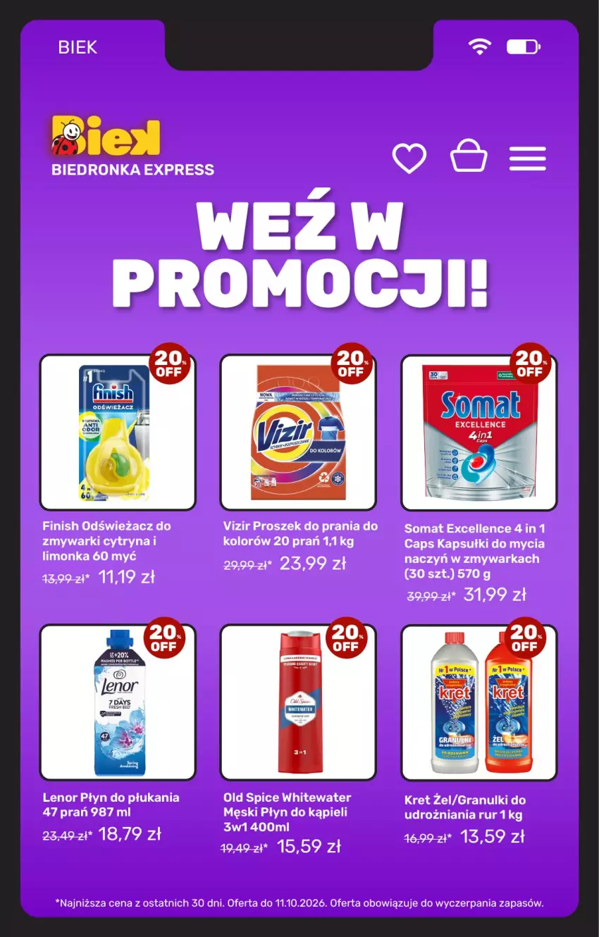 Gazetka promocyjna Biedronka - BIEK - ważna 09.10 do 16.10.2026 - strona 14 - produkty: Finish, Gra, Kret, Lenor, Limonka, Old Spice, Płyn do kąpieli, Płyn do płukania, Proszek do prania, Somat, Vizir, Warka, Zmywarka, Zmywarki