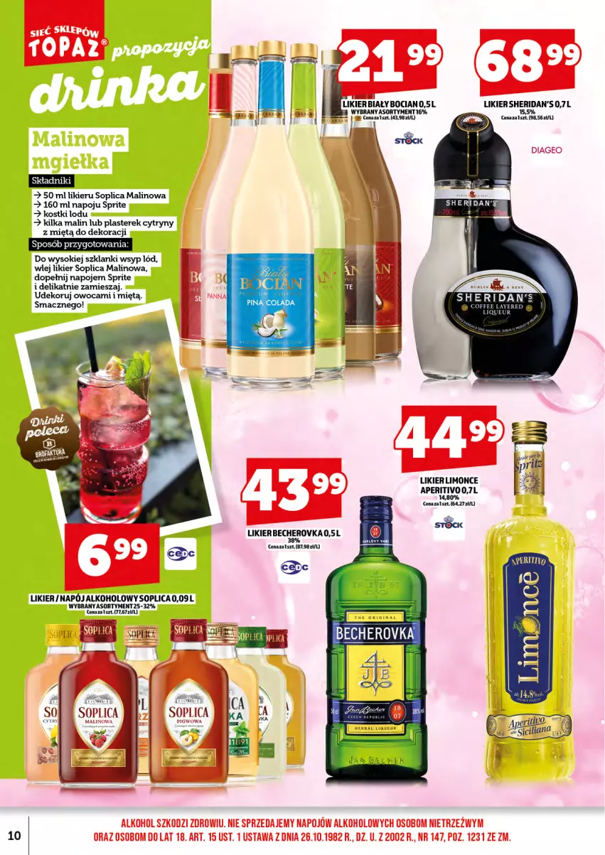 Gazetka promocyjna Topaz - Gazetka - ważna 15.09 do 30.09.2025 - strona 12 - produkty: Biały Bocian, Cytryny, Lanki, Likier, Napój, Napoje, Sheridan's, Sok, Soplica, Sprite