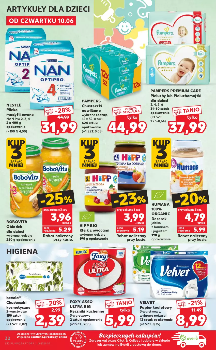 Gazetka promocyjna Kaufland - OFERTA TYGODNIA - ważna 10.06 do 16.06.2021 - strona 32 - produkty: BoboVita, Chusteczki, Chusteczki kosmetyczne, Deser, Dzieci, Foxy, HiPP, Humana, Jogurt, Majtki, Mleko, Mleko modyfikowane, Nestlé, Pampers, Papier, Papier toaletowy, Piec, Pieluchomajtki, Pieluchy, Ręcznik, Ser, Serek, Velvet