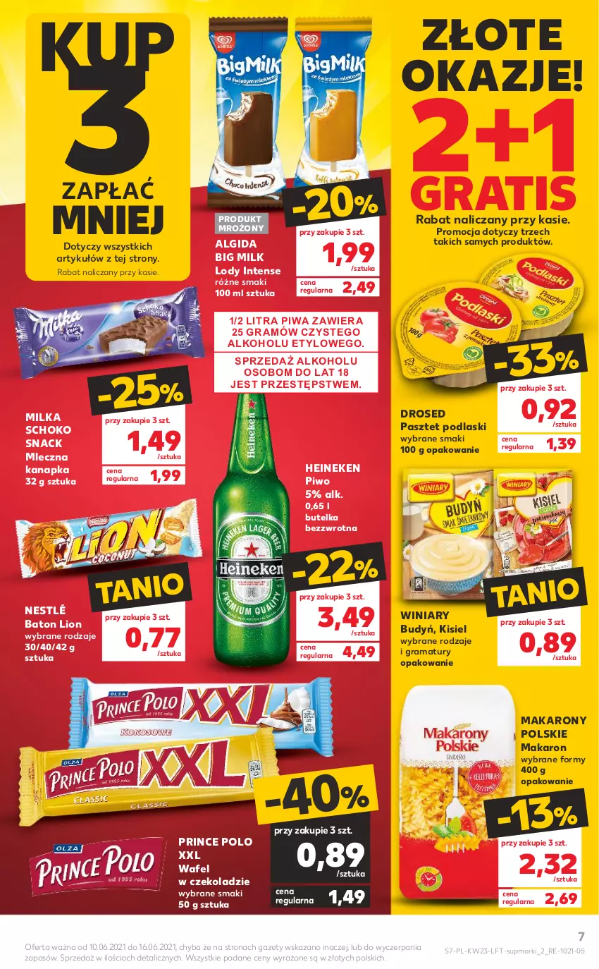 Gazetka promocyjna Kaufland - OFERTA TYGODNIA - ważna 10.06 do 16.06.2021 - strona 7 - produkty: Algida, Baton, Big Milk, Budyń, Gra, Heineken, Kisiel, LG, Lion, Lody, Makaron, Milka, Mleczna kanapka, Nestlé, Pasztet, Piwa, Piwo, Podlaski, Prince Polo, Rama, Winiary