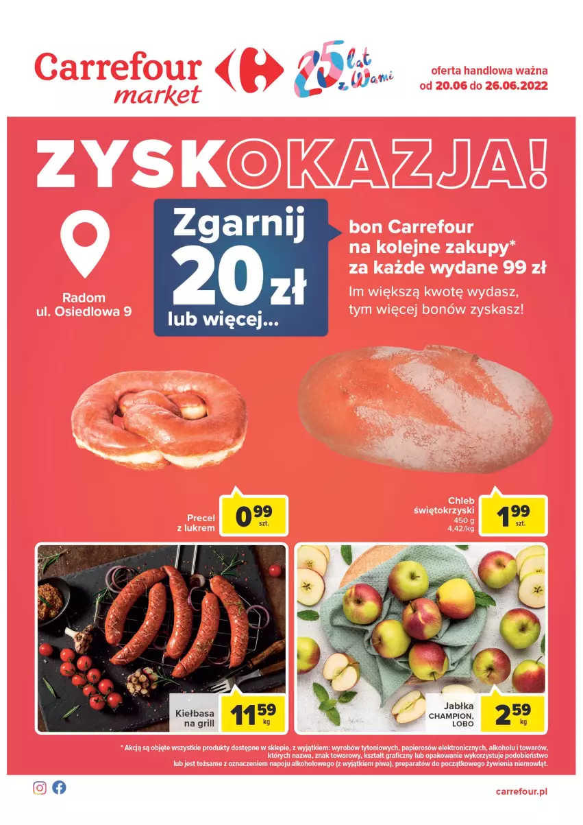 Gazetka promocyjna Carrefour - Gazetka Zyskokazje - ważna 20.06 do 26.06.2022 - strona 1 - produkty: Grill, Jabłka, Kiełbasa