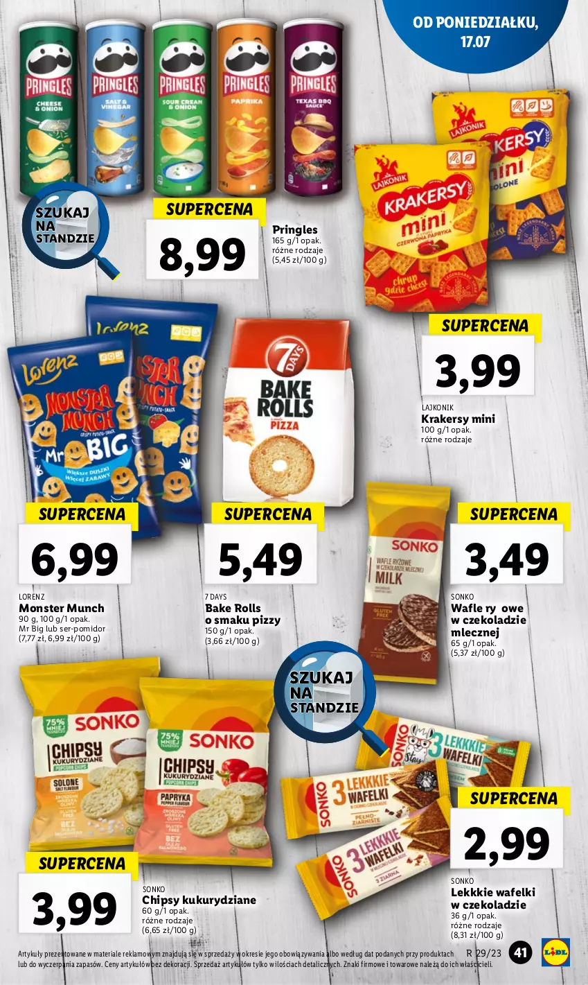 Gazetka promocyjna Lidl - GAZETKA - ważna 17.07 do 22.07.2023 - strona 77 - produkty: 7 Days, Bake Rolls, Chipsy, Krakersy, Lajkonik, Lorenz, Monster Munch, Pringles, Ser, Sonko, Wafle