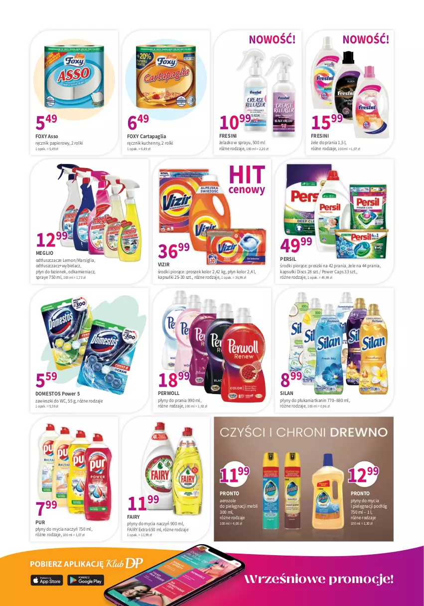 Gazetka promocyjna Drogerie Polskie - Gazetka - ważna 08.09 do 30.09.2023 - strona 8 - produkty: Do mycia naczyń, Domestos, Fa, Fairy, Foxy, Mars, Odkamieniacz, Odtłuszczacz, Papier, Persil, Perwoll, Pronto, Pur, Ręcznik, Ręcznik kuchenny, Rolki, Silan, Vizir, Zawieszki