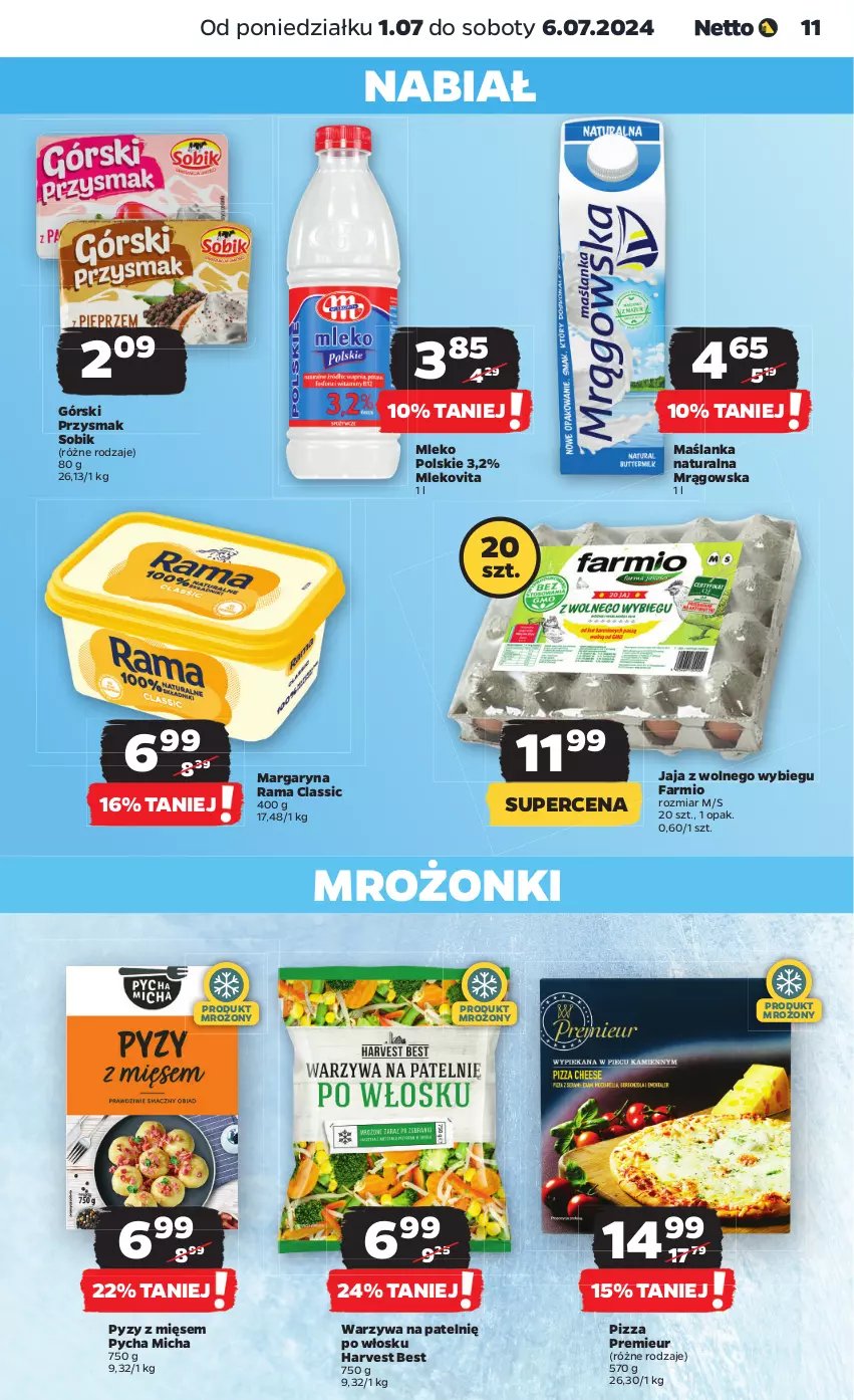 Gazetka promocyjna Netto - Od Poniedziałku - ważna 01.07 do 06.07.2024 - strona 11 - produkty: Fa, Jaja, Jaja z wolnego wybiegu, Margaryna, Maślanka, Mleko, Mlekovita, Pizza, Rama, Warzywa